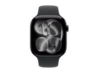 Apple Watch Series 11 (GPS) - 46 mm - jet svart aluminium - smartklokke med sportsbånd - fluorelastomer - svart - båndbredde: M/L - 64 GB - Wi-Fi 4, UWB, Bluetooth - 37.8 g MEUX4QN/A