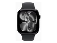 Apple Watch Series 11 (GPS) - 46 mm - jet svart aluminium - smartklokke med sportsbånd - fluorelastomer - svart - båndbredde: S/M - 64 GB - Bluetooth, Wi-Fi 4, UWB - 37.8 g MEUW4QN/A