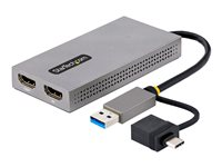 StarTech.com USB to Dual HDMI Adapter, USB A/C to 2x HDMI Monitors (1x 4K 30Hz, 1x 1080p), Integrated USB-A to C Dongle, 4in/11cm Cable, Windows & macOS - USB 3.0 to HDMI Multi-Monitor Display Adapter for Laptop (107B-USB-HDMI) - Video adapter - USB-type A, 24 pin USB-C hann til 2 x 19 pin HDMI Type A hunn - grå - 4K-støtte 107B-USB-HDMI